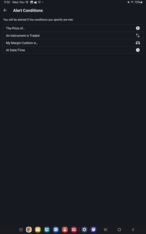 The alert conditions on the android tablet